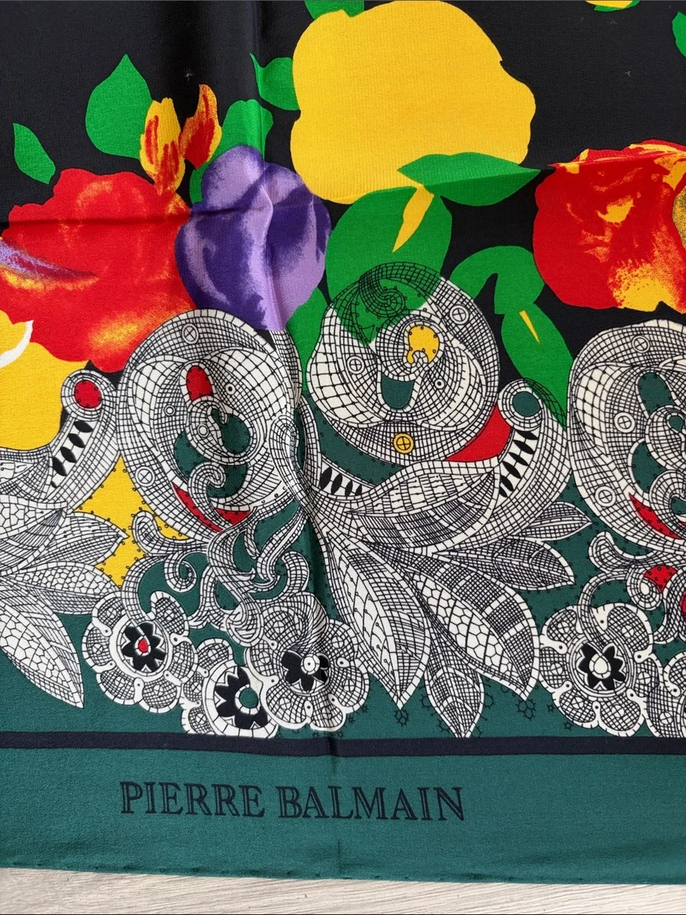 Pierre Balmain Hunter Green Border Floral Silk Scarf with Black Center